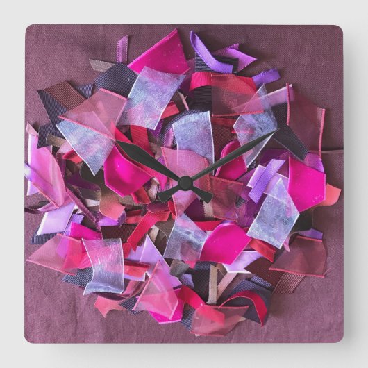 3D効果モダンバーガンディーなピンク紫リボン スクエア壁時計 (正面)