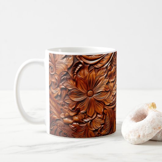 3D工具付きレザールックプリントウェスタンの花 コーヒーマグカップ (ドーナツ)