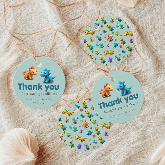 3D恐竜の男の子の赤ちゃんシャワーメッセージカード フェイバータグ
