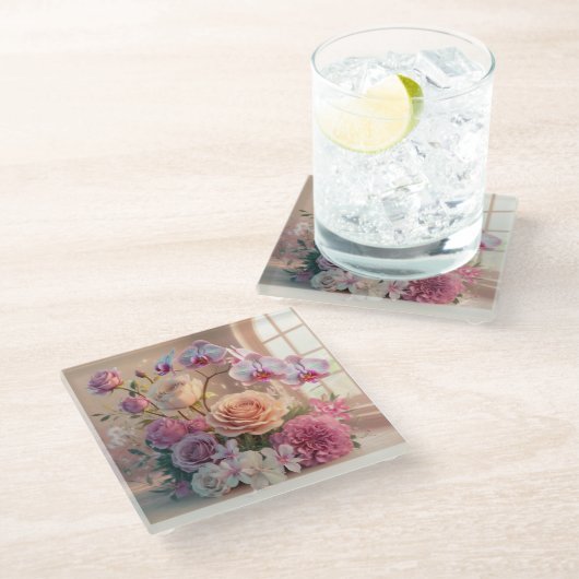 3D春の花グリーティングカード(バラ付) ガラスコースター (アングル)