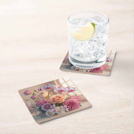 3D春の花グリーティングカード(バラ付) スクエアペーパーコースター (インサイチュ)