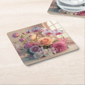3D春の花グリーティングカード(バラ付) スクエアペーパーコースター (アングル)