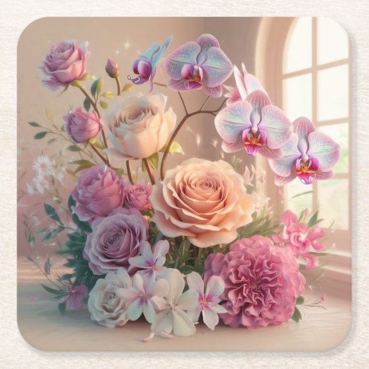 3D春の花グリーティングカード(バラ付) スクエアペーパーコースター (正面)