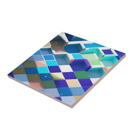 3D正方形ブルーパープルグリーンアクア幾何学模様 タイル (側面)