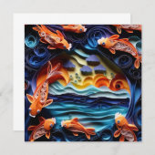 3D湖のカラフルイラストレーションとコイ魚 ノートカード (正面/裏面)