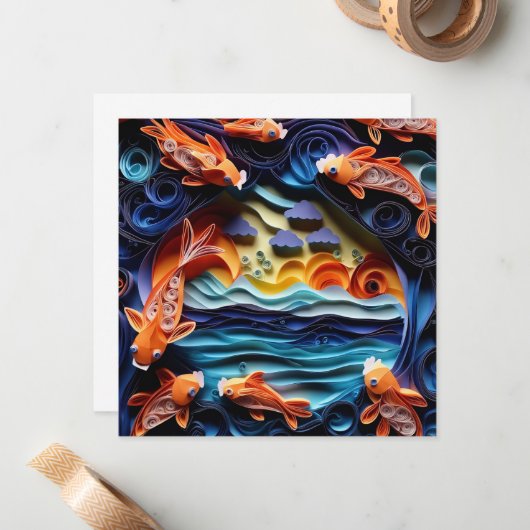 3D湖のカラフルイラストレーションとコイ魚 ノートカード (正面/裏面インサイチュ)