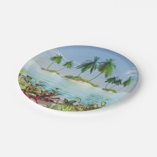 3D熱帯砂浜のヤシの木の島 ペーパープレート (アングル)
