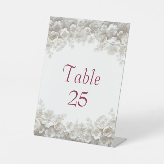 3D白い花のワインレッド結婚式テーブルナンバーカード 台座サイン (正面)