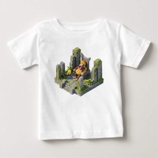 3D等角投影のサル王が古代の石の上であくびする ベビーTシャツ (正面)