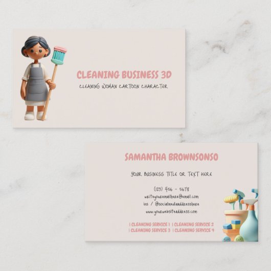 3D粘土プラスチック女性清掃用キャラクタ 名刺 (正面/裏面)