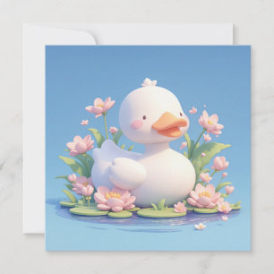 3D粘土製の花と池のポストカードにいるかわいい白いアヒル