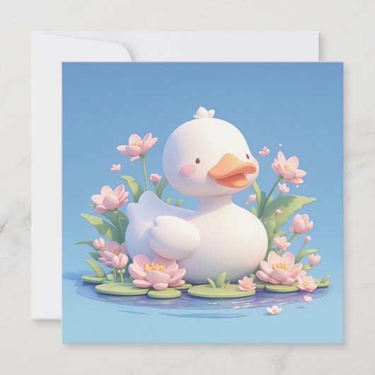 3D粘土製の花と池のポストカードにいるかわいい白いアヒル (正面)