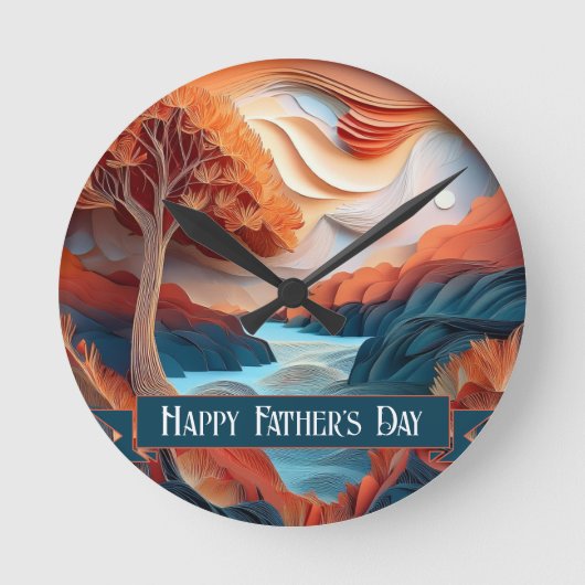 3D紙アートツリーズリバーファーザーズデイ ラウンド壁時計 (正面)