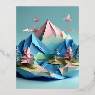 3d紙アート,湖の風景,山, 箔シーズンポストカード