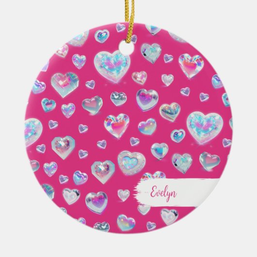 3D結晶かわいらし宝石ハートピンクのクリスマス セラミックオーナメント (正面)