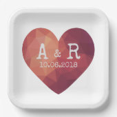 3d赤いハートカップルのモノグラムと日付 ペーパープレート (正面)