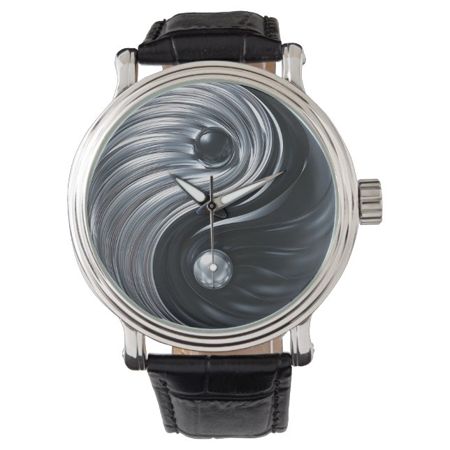 3D陰陽ブラックとシルバー金属 腕時計 (正面)