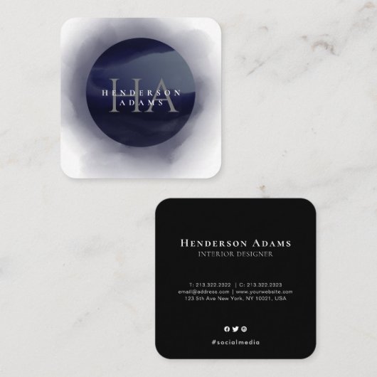 3D青と白の水色モノグラムロゴ スクエア名刺 (正面/裏面)