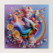 3D鮮やかユニコーンポートレートとフローラアクセント ジグソーパズル (横)