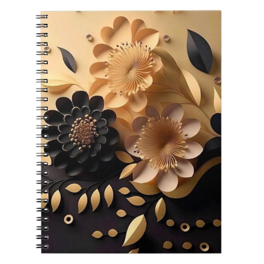 3D黒と金ゴールドの花 ノートブック (正面)