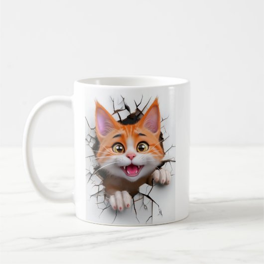 3D オレンジと白のトラ猫が壁を突き破る コーヒーマグカップ (左)