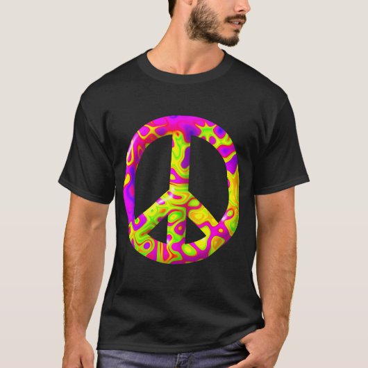 3D ピンク 黄色 サイケデリック ピースマーク Tシャツ (正面)