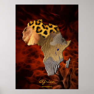 3D AFRICAN Wildlife Map赤いフラクタルアートポスター ポスター