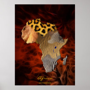 3D AFRICAN Wildlife Map赤いフラクタルアートポスター ポスター