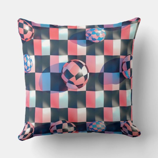 3D Checkerboard Grid with Floating Spheres Pattern クッション (裏面)