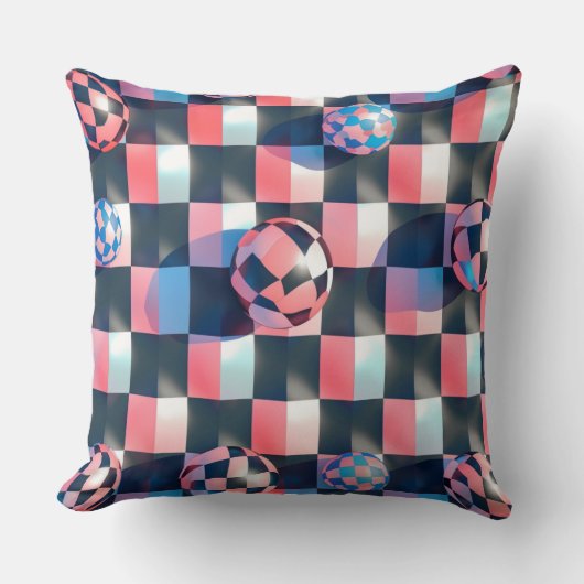 3D Checkerboard Grid with Floating Spheres Pattern クッション (正面)