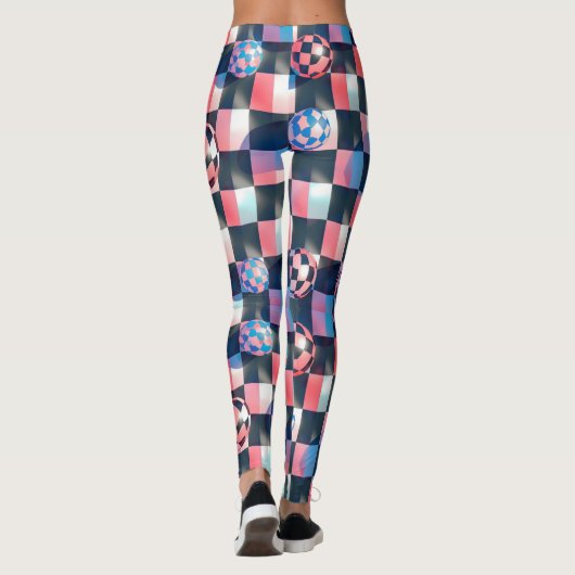 3D Checkerboard Grid with Floating Spheres Pattern レギンス (裏面)