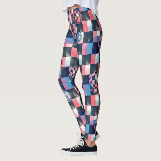 3D Checkerboard Grid with Floating Spheres Pattern レギンス (左)