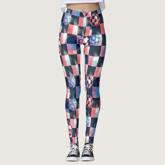 3D Checkerboard Grid with Floating Spheres Pattern レギンス (正面)