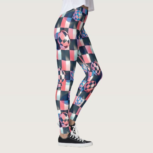 3D Checkerboard Grid with Floating Spheres Pattern レギンス (右)