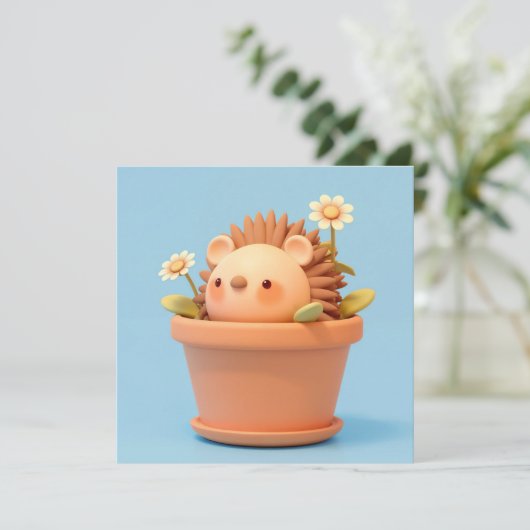 3D Clay Porcupine in Orange Flower Pot Postcard (スタンド正面)