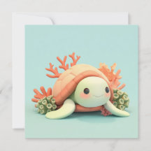 3D Clay Sea Turtle in Orange Coral Reef Postcard 