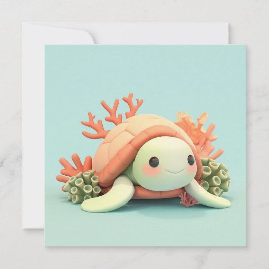 3D Clay Sea Turtle in Orange Coral Reef Postcard (正面)