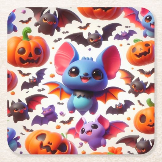 3D cute bats halloween スクエアペーパーコースター (正面)