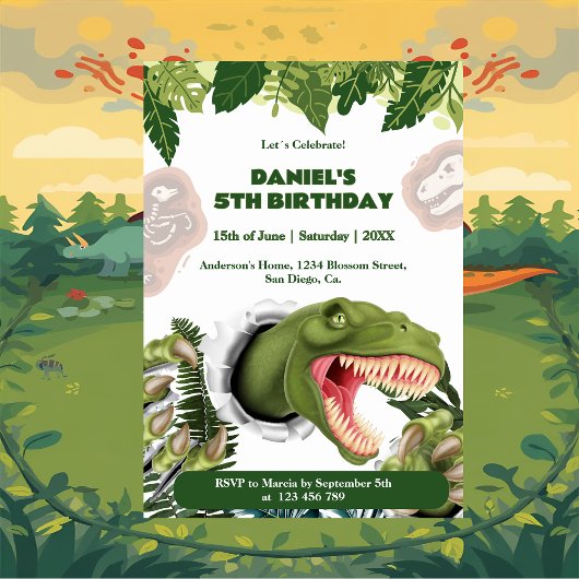 3D Dinosaur Birthday 招待状