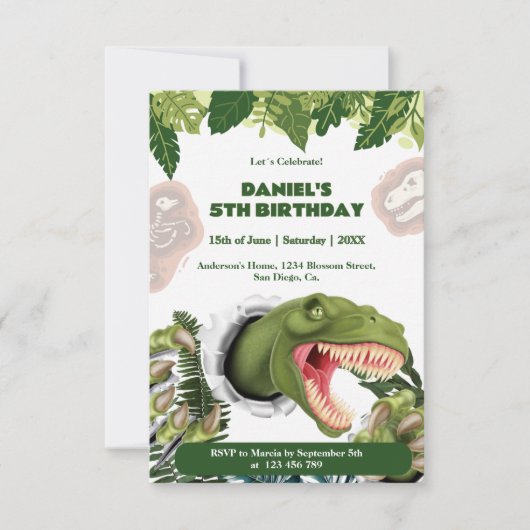 3D Dinosaur Birthday 招待状 (正面)