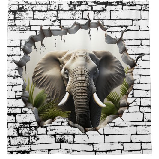 3D Elephant Wall Break Art – Realistic Safari シャワーカーテン (正面)