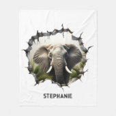 3D Elephant Wall Break Art – Realistic Safari フリースブランケット (正面)