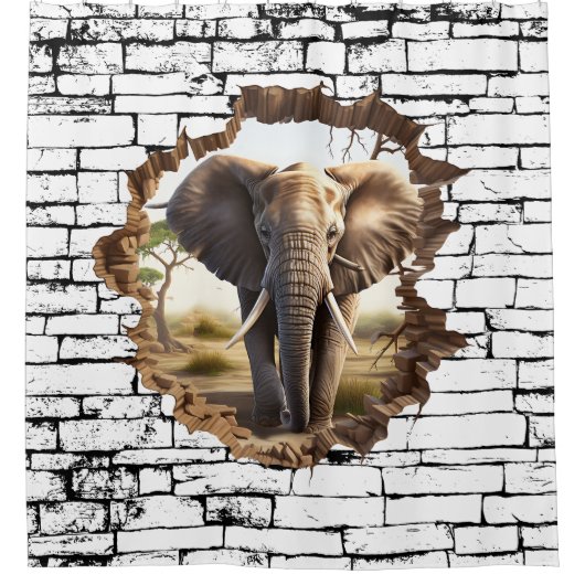 3D Elephant Wall Break Art – Realistic Safari (2) シャワーカーテン (正面)