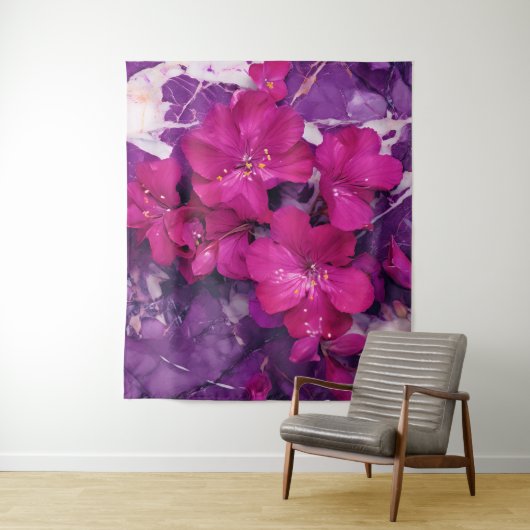 3D Floral Fuchsia & Purple Marble Art タペストリー (インサイチュ)