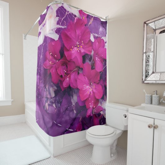 3D Floral Fuchsia & Purple Marble Art Couverture シャワーカーテン (インサイチュ)