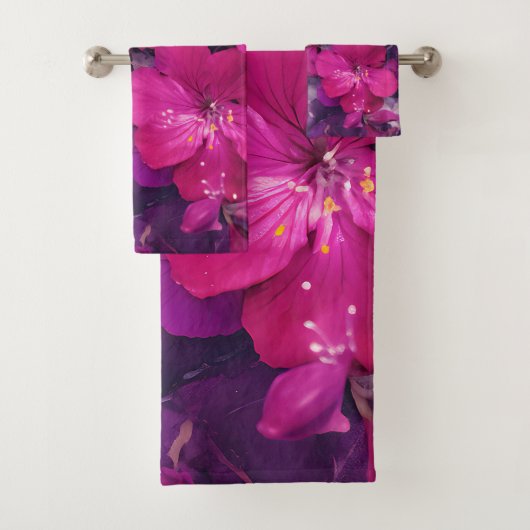 3D Floral Fuchsia & Purple Marble Art Couverture バスタオルセット (インサイチュ)