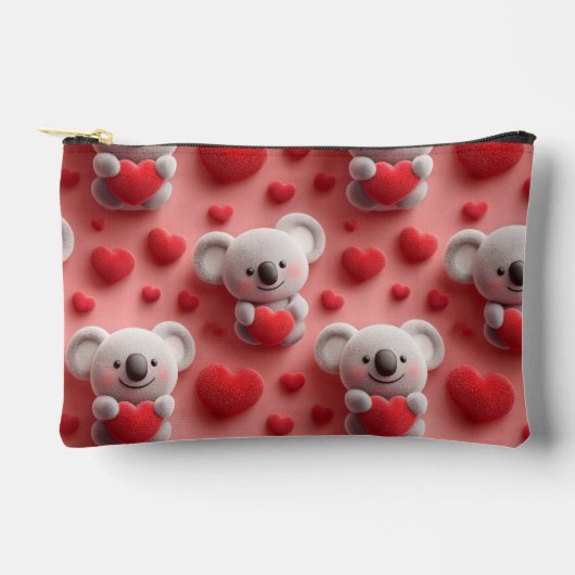 3D Fluffy Koala and Heart Seamless Pattern アクセサリーポーチ (正面)