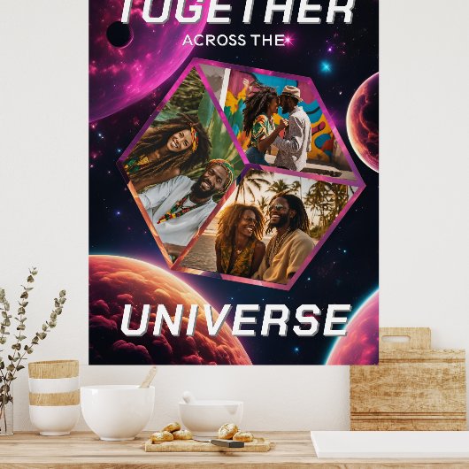 3D Fotowürfel im Weltraum mit Planeten ポスター (キッチン)