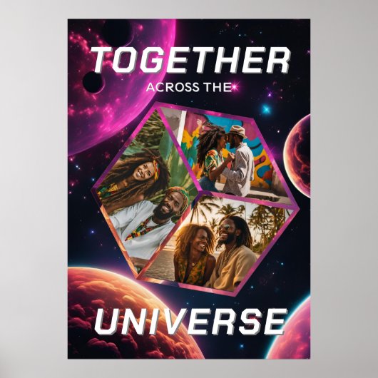 3D Fotowürfel im Weltraum mit Planeten ポスター (正面)