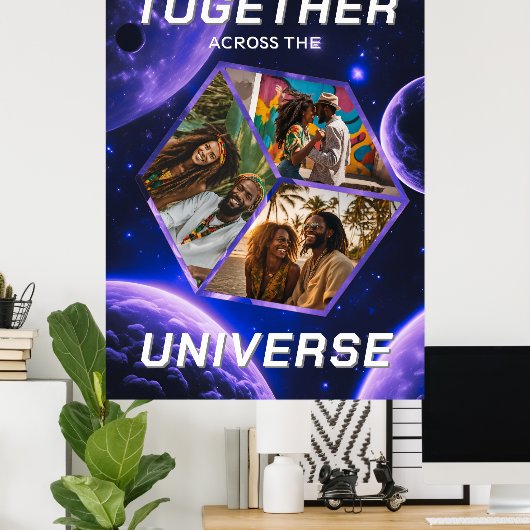 3D Fotowürfel im Weltraum mit Planeten ポスター (ホームオフィス)